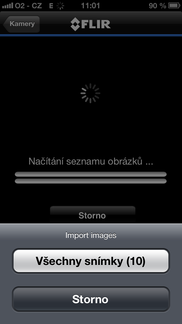 Import všech snímků najednou z termokamery FLIR v přístroji iPhone v SW FLIR TOOLS Mobile